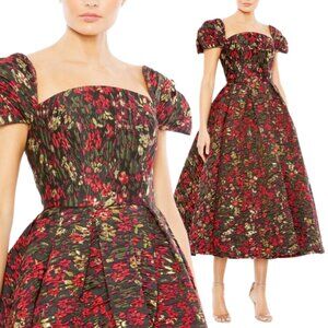 Mac Duggal 11611 Womens Size 4 Black Red Gold Floral Brocade Cocktail Midi Dress